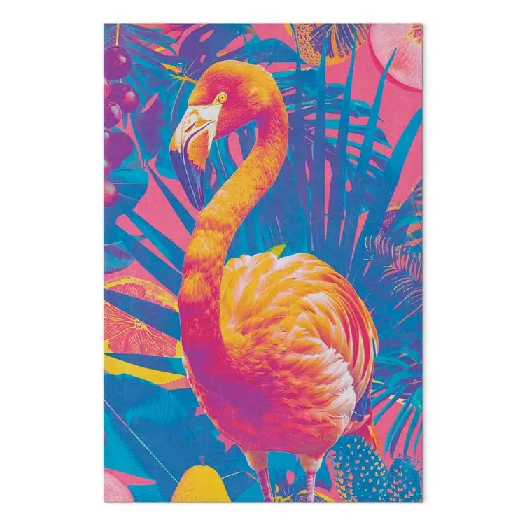 Kleurrijke flamingo - een exotische vogel tussen tropische bladeren en sappige vruchten