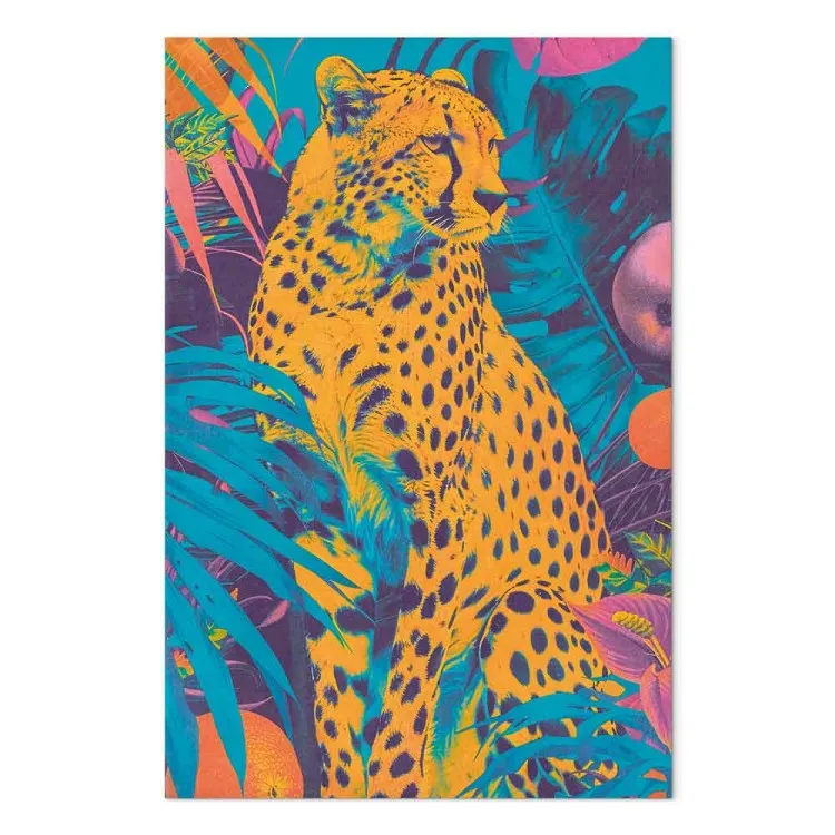 Pop-art jachtluipaard - wilde kat in felle kleuren omringd door tropische planten