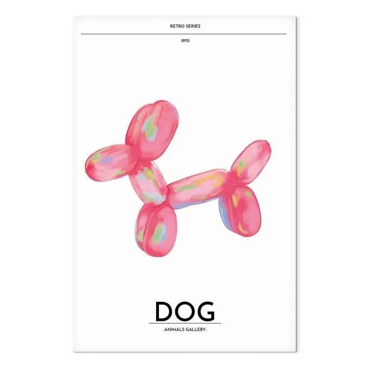 Balloon dog - veelkleurig dier in de vorm van een hond op een lichte achtergrond met retro letters