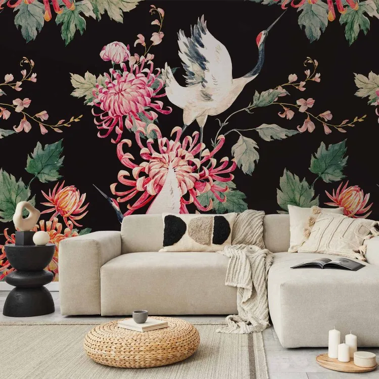 Land van vrijheid - motief van vogels en kleurrijke bloemen op zwarte achtergrond